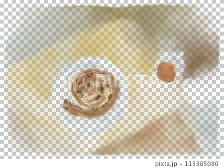 A gentle landscape illustration of Danish pastries and tea on a desk 115385080