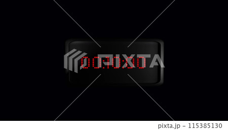Image of red digital timer changing with pink light trails on purple background 115385130