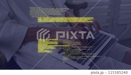 Image of circuit board with data processing over caucasian woman using laptop Image of circuit board with data processing over caucasian woman using laptop 115385240