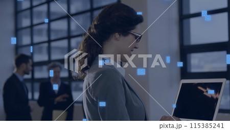 Image of circuit board with data processing over caucasian woman using laptop Image of circuit board with data processing over caucasian woman using laptop 115385241