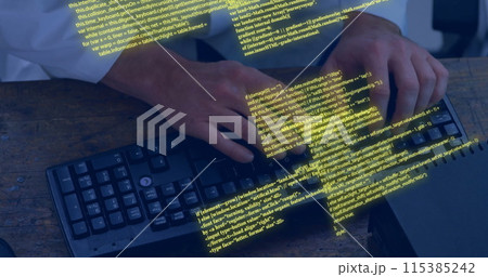 Image of circuit board with data processing over caucasian woman using laptop 115385242