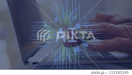 Image of ai text, circuit board with data processing over caucasian woman using laptop Image of ai text, circuit board with data processing over caucasian woman using laptop 115385245