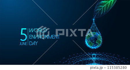 World Environment Day futuristic concept banner. Earth in water drop falls from leaf into puddle World Environment Day futuristic concept banner. Earth in water drop falls from leaf into puddle 115385280