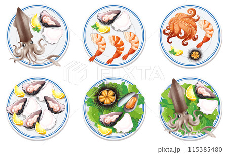 Seafood Plates Vector Illustration 115385480