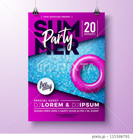Summer Pool Party Poster Design Template with Float on Water in the Tiled Pool Background. Vector Summer Holiday Celebration Vacation Illustration with Swimbelt for Banner, Flyer, Invitation or Summer Pool Party Poster Design Template with Float on Water in the Tiled Pool Background. Vector Summer Holiday Celebration Vacation Illustration with Swimbelt for Banner, Flyer, Invitation or 115386791