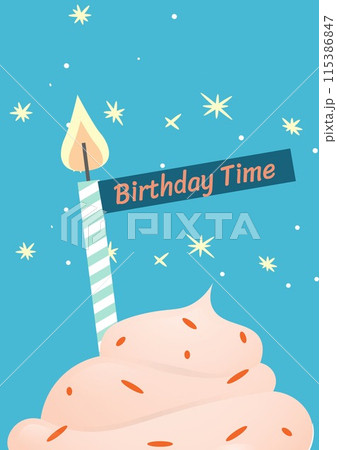Composite of birthday time text over cupcake with candle on blue background 115386847