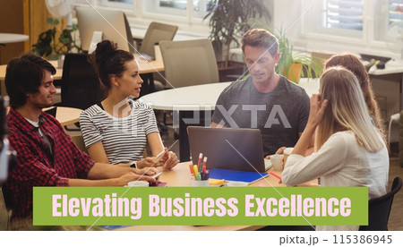 Composite of elevating business excellence text over diverse businesspeople in office Composite of elevating business excellence text over diverse businesspeople in office 115386945