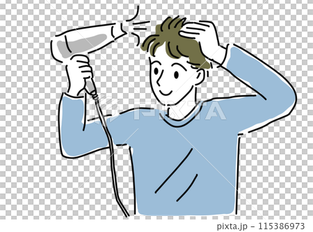 Simple line drawing of a man using a hair dryer 115386973