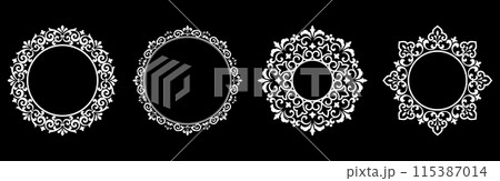 Set of decorative frames Elegant vector element for design in Eastern style, place for text. Floral black and white borders. Lace illustration for invitations and greeting cards. 115387014