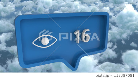 Image of eye icon with numbers on speech bubble over sky and clouds 115387081