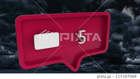 Image of message icon with numbers on speech bubble over sky and clouds 115387089