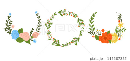Flat hand drawn floral wreaths collection with copy spaces for greeting cards or banners. Holiday concept. Sketchy hand drawn abstract flowers and branches isolated on white background. 115387285