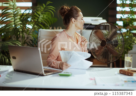 40 years old business owner woman at work suffer from heat 40 years old business owner woman at work suffer from heat 115387343