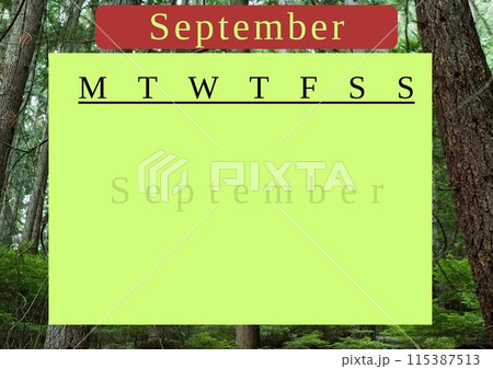 Organizing monthly activities, a September calendar template set against a serene forest backdrop Organizing monthly activities, a September calendar template set against a serene forest backdrop 115387513