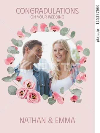 Celebrating love, a couple framed by a floral wreath radiates joy and companionship 115387660