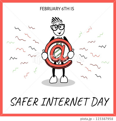 Promoting online safety, a cartoon character holds a large '@' symbol to mark Safer Internet Day Promoting online safety, a cartoon character holds a large '@' symbol to mark Safer Internet Day 115387958