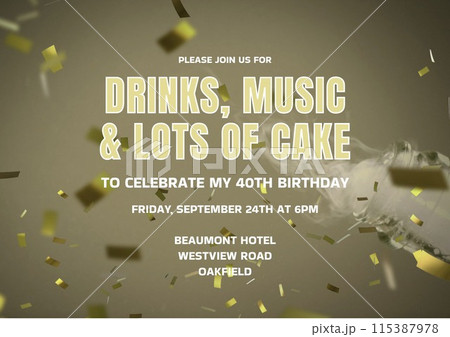 Celebration invitation, confetti and champagne set a festive mood for a 40th birthday bash 115387978