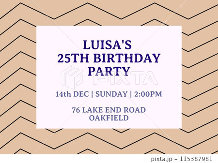 Celebration invitation, featuring bold geometric patterns and a central text box for event details 115387981