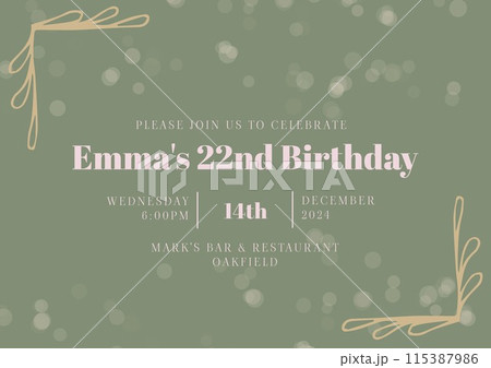 Celebration invitation, elegant green and gold design, conveys sophistication and festivity 115387986