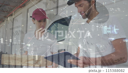 Image of statistics processing over delivery man with cardboard boxes 115388082