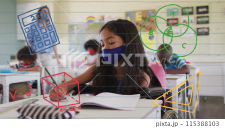 Image of school items icons moving over schoolgirl wearing face mask Image of school items icons moving over schoolgirl wearing face mask 115388103