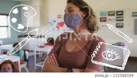 Image of school items icons moving over female teacher wearing face mask 115388104