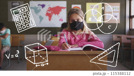Image of school items icons moving over schoolchildren wearing face masks 115388112