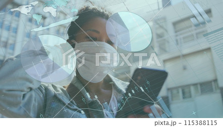Image of financial data processing over businesswoman using smartphone Image of financial data processing over businesswoman using smartphone 115388115