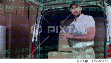 Image of data processing over man packing boxes into car 115388139