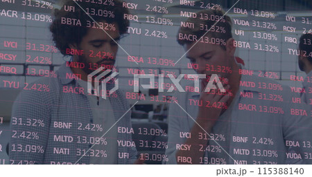 Image of financial data processing over diverse business people thinking in modern office 115388140