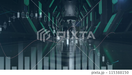 Image of financial data processing over diverse business people walking in modern office Image of financial data processing over diverse business people walking in modern office 115388150