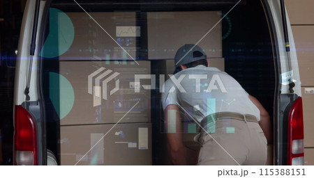 Image of data processing over man packing boxes into car Image of data processing over man packing boxes into car 115388151