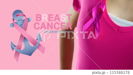 Image of breast cancer awareness text over caucasian woman with pink ribbon on pink background Image of breast cancer awareness text over caucasian woman with pink ribbon on pink background 115388178