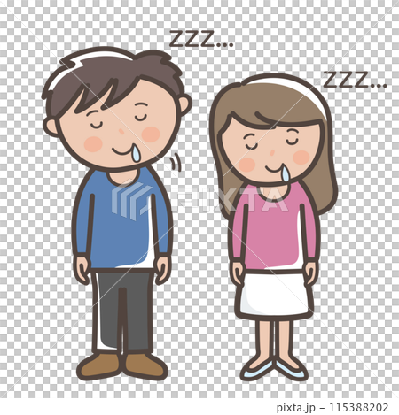 Full-body illustration of a young man and woman falling asleep while standing 115388202