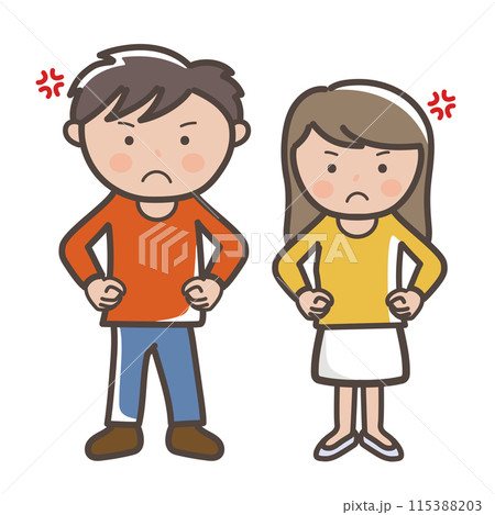 両手を腰に当てて怒る若い男女の全身イラスト 115388203