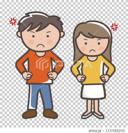 両手を腰に当てて怒る若い男女の全身イラスト 115388203