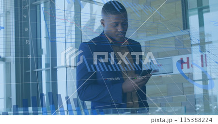 Image of financial data and graphs over african american businessman using smartphone 115388224
