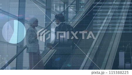 Image of financial data and graphs over diverse businesspeople talking Image of financial data and graphs over diverse businesspeople talking 115388225