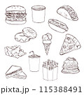 Sketch fast food illustration, vector illustration, restaurant, Hamburger, hot dog,  french fries, noodles, pizza and others for takeaway design. 115388491