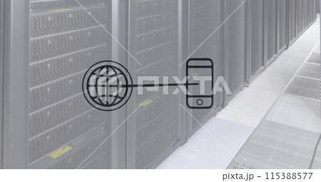 Image of globe and smartphone icons over servers Image of globe and smartphone icons over servers 115388577