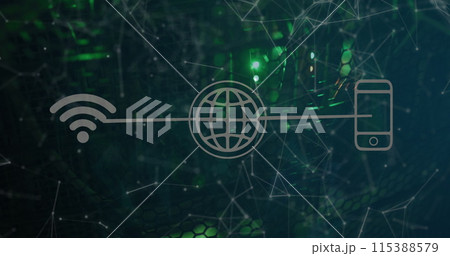 Image of wifi, globe and smartphone icons over servers Image of wifi, globe and smartphone icons over servers 115388579