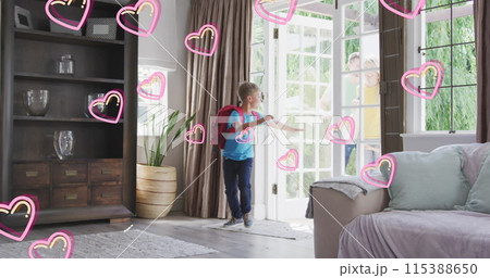 Image of hearts over happy caucasian boy and parents coming home after school Image of hearts over happy caucasian boy and parents coming home after school 115388650