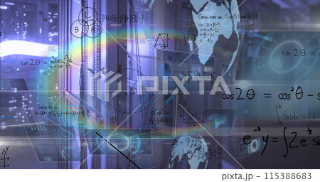 Image of rainbow lens flare, mathematical equations and data processing against computer server 115388683