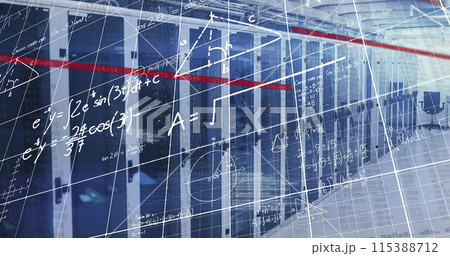 Image of mathematical equations and data processing over computer servers Image of mathematical equations and data processing over computer servers 115388712