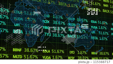Image of financial data processing and world map over black background Image of financial data processing and world map over black background 115388717
