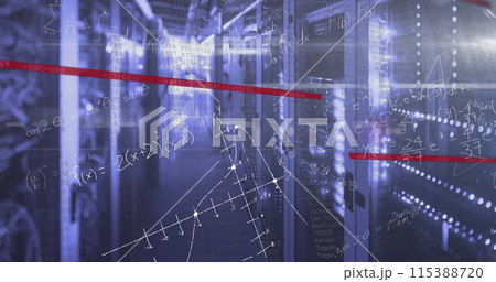 Image of mathematical equations and data processing over computer servers 115388720