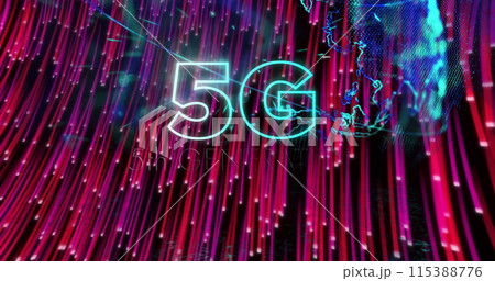 Digital image of 5g text against purple light trails on black background Digital image of 5g text against purple light trails on black background 115388776