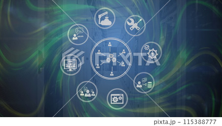 Digital image of network of digital icons over digital waves against empty server room Digital image of network of digital icons over digital waves against empty server room 115388777