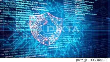 Image of data, digital shield and integrated circuit on blue background 115388808