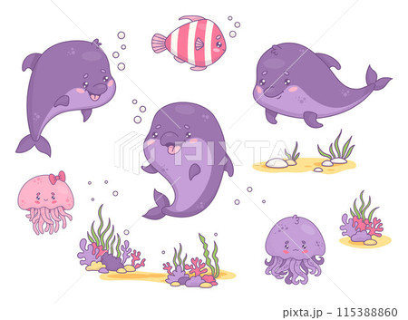 Collection underwater animals. Cute dolphins, striped fish and jellyfish boy, girl and bottom with algae, corals. Isolated undersea elements and funny cartoon kawaii character. Vector illustration. Collection underwater animals. Cute dolphins, striped fish and jellyfish boy, girl and bottom with algae, corals. Isolated undersea elements and funny cartoon kawaii character. Vector illustration. 115388860